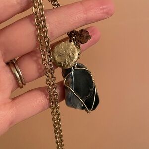 Gold wire wrapped sodalite dark blue stone hammered disk medallion bead necklace